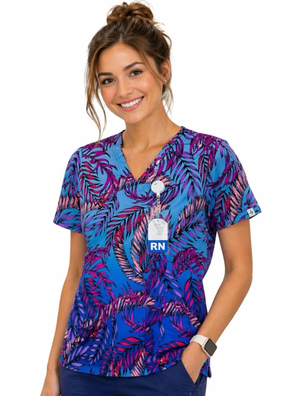 Butter Soft Stretch Print Scrub Top Large Palm Fronds